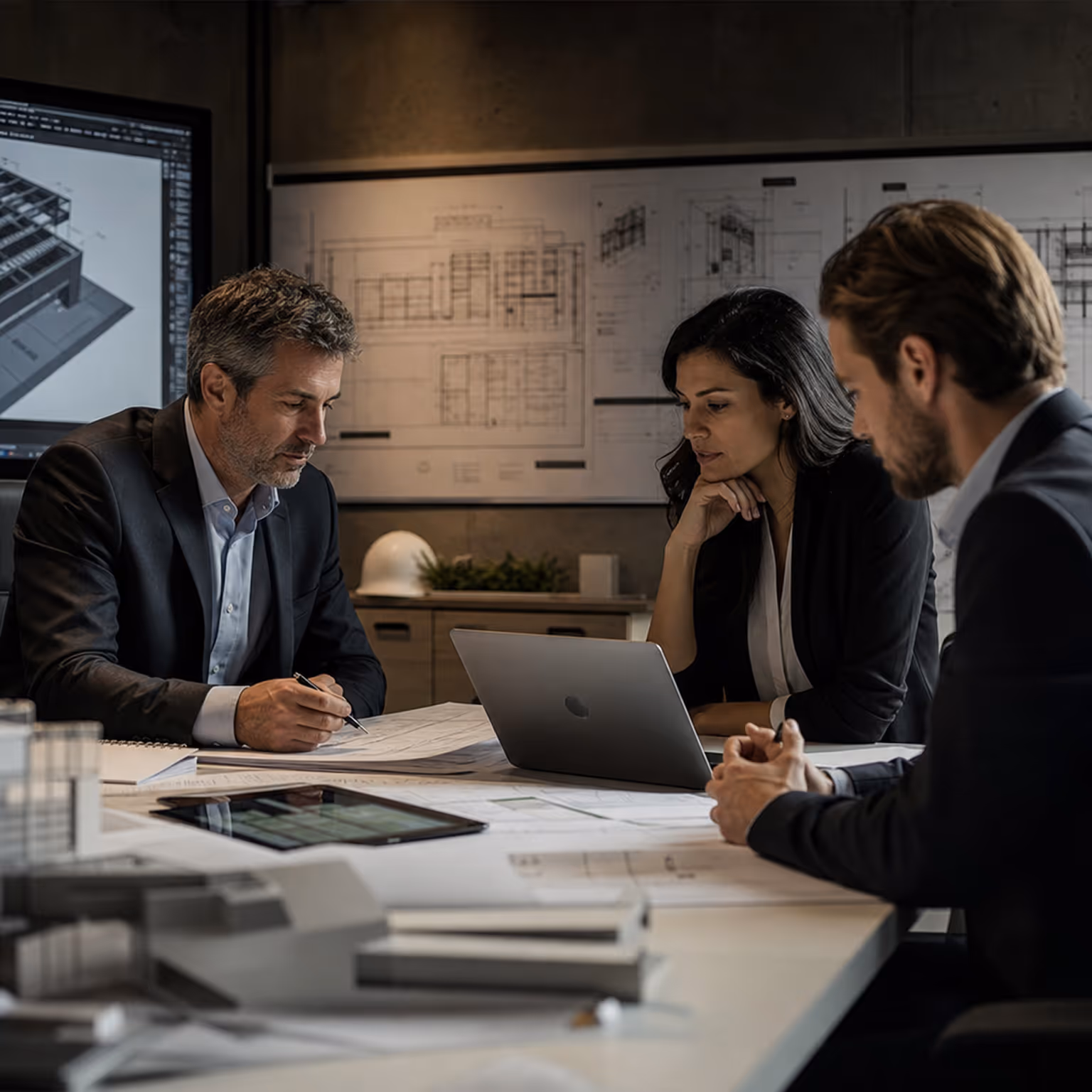 Dos hombres discutiendo el diseño de un sitio web en una pantalla de computadora en una oficina moderna de planta abierta con divisores de cubículos color turquesa y varias personas trabajando en escritorios.