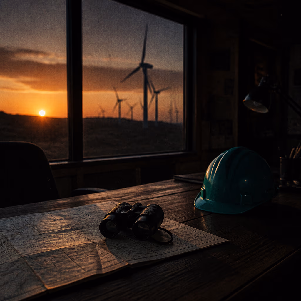 Escritorio de una oficina de campo con un casco de seguridad menta, binoculares y un mapa frente a una ventana con turbinas eólicas al atardecer.
