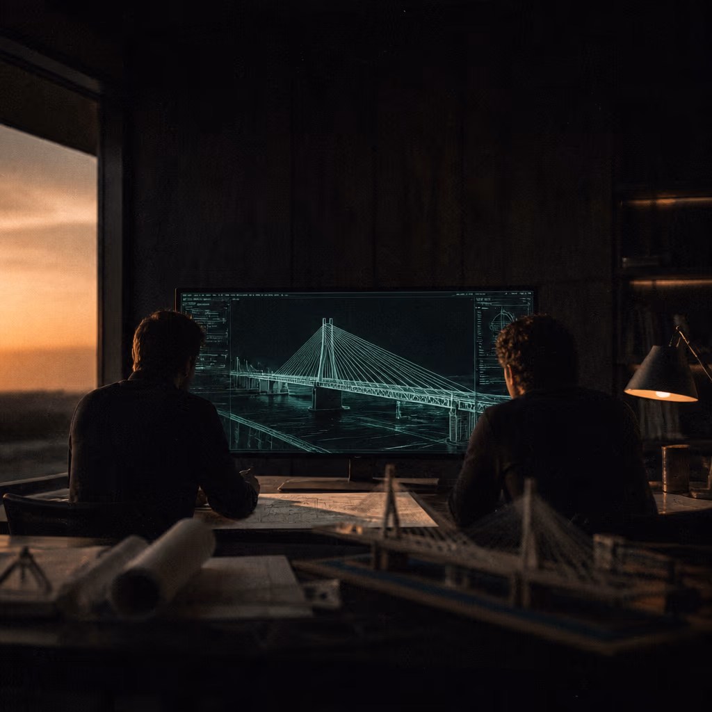 Dos ingenieros en silueta revisan el modelo estructural de un puente en un monitor, entre planos y una maqueta, en una oficina oscura al atardecer.