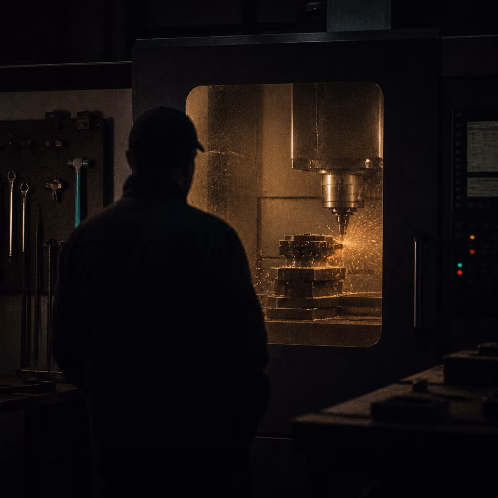 Silueta de un operario observando una máquina CNC trabajar a través de su ventana de seguridad en un taller industrial oscuro.